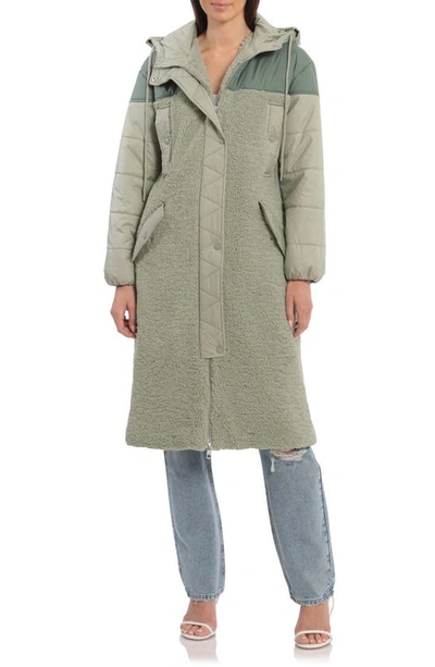 Avec Les Filles Mixed Media Water Resistant Faux Shearling Hooded Coat In Sage