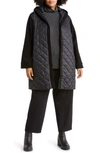 EILEEN FISHER MIXED MEDIA QUILTED NYLON HOODED JACKET WITH WOOL SLEEVES