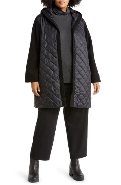 Eileen Fisher Mixed Media Quilted Nylon Hooded Jacket With Wool Sleeves In Black