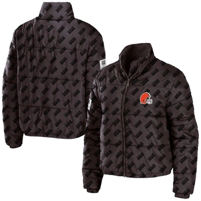 Wear By Erin Andrews Women's  Brown Cleveland Browns Puffer Full-zip Cropped Jacket