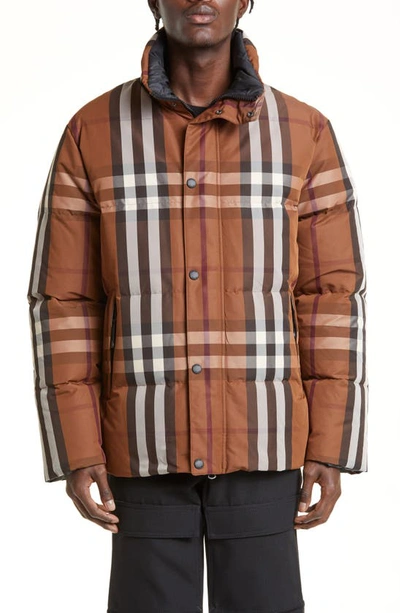 Burberry Packaway Hood Reversible Check Nylon Puffer Jacket In Brown