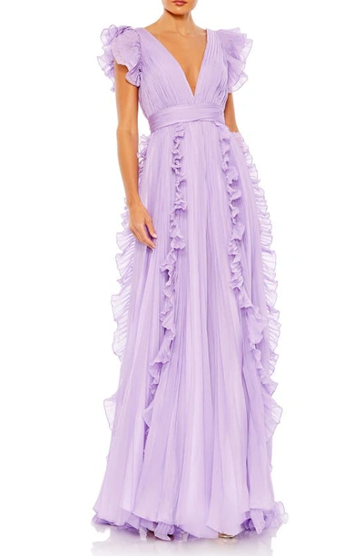 Mac Duggal Pleated Ruffle Cap Sleeve A-line Gown In Lilac