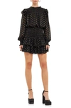 Endless Rose Metallic Dot Shirred Long Sleeve Chiffon Minidress In Black