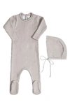 Feltman Brothers Rolled Collar Rib Knit Footie & Bonnet Set In Soft Grey