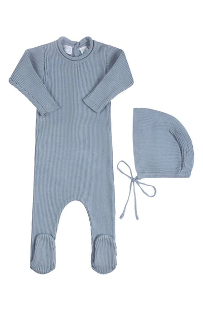 Feltman Brothers Babies'  Rolled Collar Rib Knit Footie & Bonnet Set In Vintage Blue