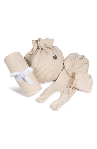 Feltman Brothers Babies' Ribbed Knit Footie, Bonnet, Blanket & Gift Bag Set In Ecru