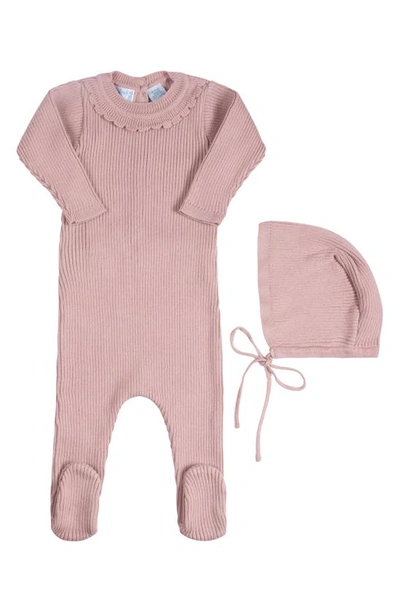 Feltman Brothers Babies'  Ruffled Collar Rib Romper & Bonnet Set In Mauve