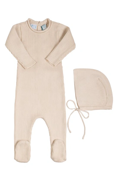 Feltman Brothers Babies'  Rolled Collar Rib Knit Footie & Bonnet Set In Ecru