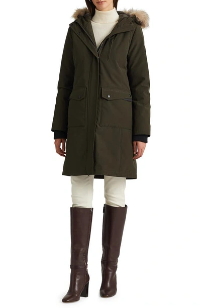 Lauren Ralph Lauren Faux Fur Trim Down & Feather Hooded Parka In Green