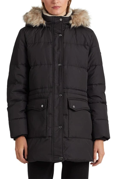 Lauren Ralph Lauren Faux Fur Trim Down & Feather Puffer Coat In Black