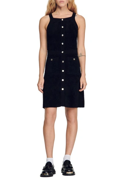 Sandro Ribbed-knit Buttoned Dress In Black
