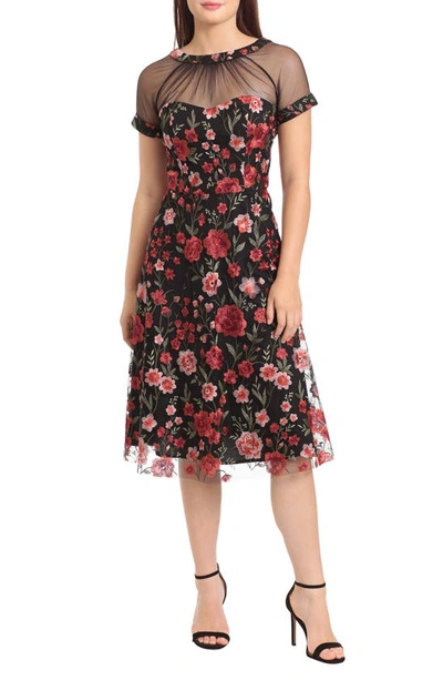 Maggy London Illusion Yoke Floral Embroidered Midi Cocktail Dress In Black/ Multi