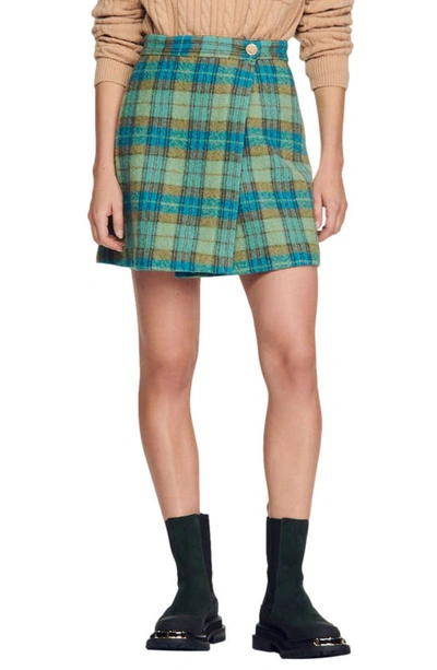 Sandro Darla Checked Wrap Virgin-wool Mini Skirt In Blue Yellow