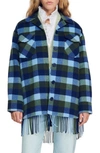 Sandro Claira Checked Fringed Wool-blend Coat In Blue Jean