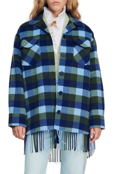Sandro Claira Checked Fringed Wool-blend Coat In Blue Jean