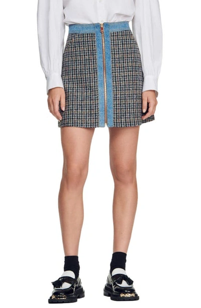 Sandro Mary Jane Checked Denim-trimmed Woven Mini Skirt In Blu / Beige