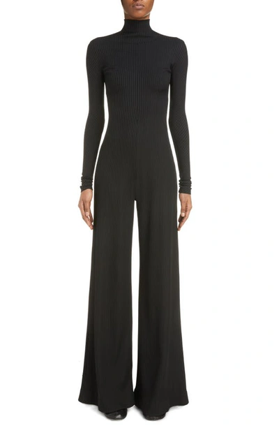 Balenciaga Funnel Neck Long Sleeve Rib Jumpsuit In Black