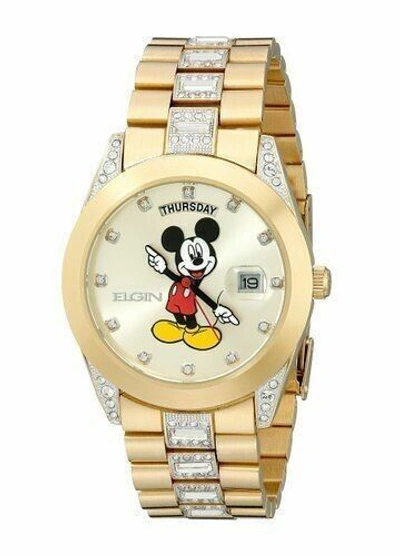Pre-owned Elgin Mens  Disney Mickey Mouse Mck209 Day Date Gold Tone Bracelet Watch