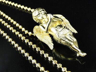 Pre-owned Jewelry Hiphop Sterling Silver Angel Pendant Finished In Yellow Gold With Moon Cut Chain 1.7... In White