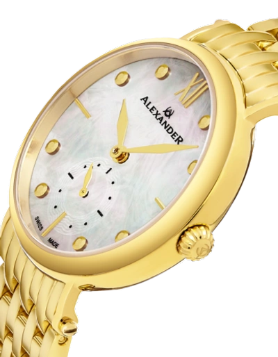 Pre-owned Alexander Monarch Roxana A201b-02 Women's Swiss Quartz White Mop Dial Gold Watch