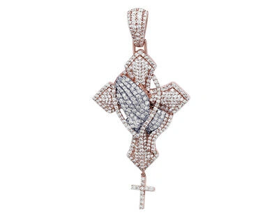 Pre-owned Jewelry Unlimited Men's Real Praying Hand With Cross Diamond Pendant 4 7/10 Ct 10k Rose White ...