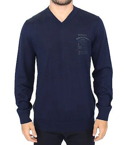 Pre-owned Ermanno Scervino Sweater Blue Wool Blend V-neck Pullover S. It54 / Xl Rrp $480