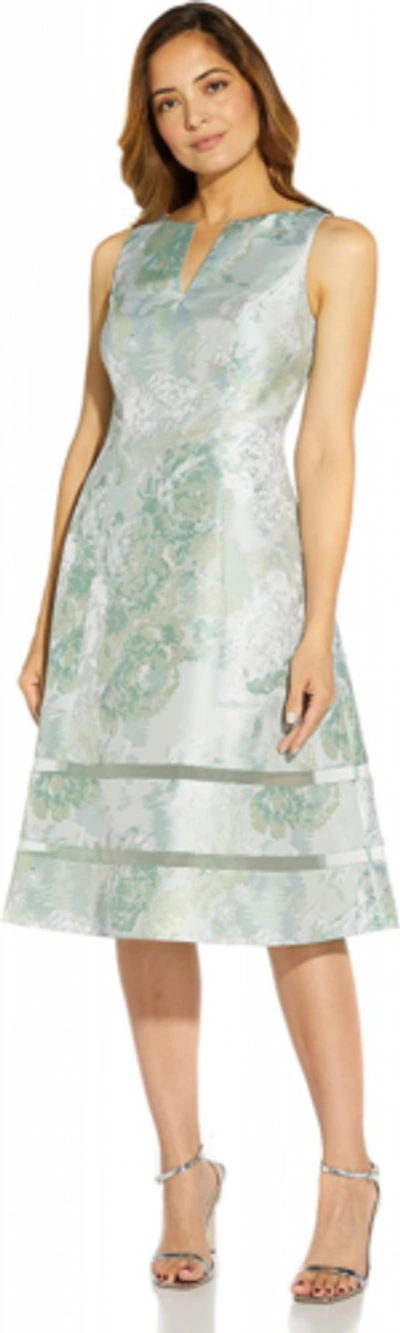 Pre-owned Adrianna Papell Women's Floral Jacquard Organza Trim Dress In Mint Multi