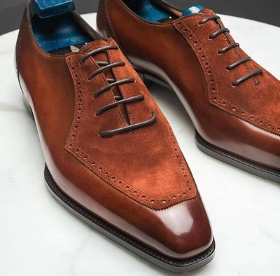 Pre-owned Handmade Handcrafted Men's Brown Leather Suede Wholecut Brogue Party Wear Stylish Shoes