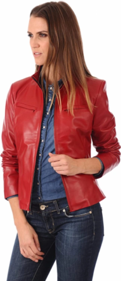 Pre-owned Craft Aaron  Women's Lambskin Leather Biker Jacket In Red
