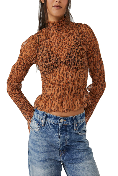 Free People Hello There Smocked Floral Print Top In Leopard Combo