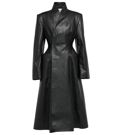 Balenciaga Flare Hourglass Leather Midi Coat In Black