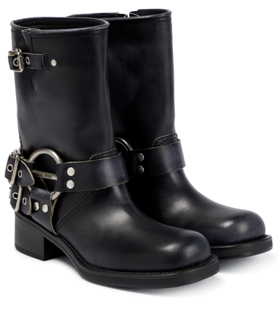 Miu Miu Buckled Leather Ankle Boots In Nero