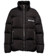 Palm Angels Striped Webbing-trimmed Padded Shell Down Jacket In Black White