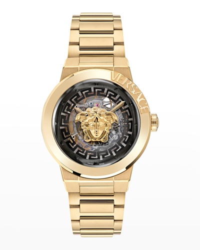 Versace Women's Skeleton Dial Ion-plated Yellow Gold Bracelet Watch In Black/gold