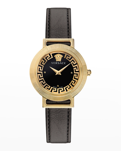 Versace Women's Greca Chic Ion-plated Goldtone Leather Strap Watch In Black