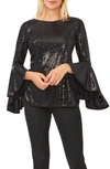 Vince Camuto Sparkle Bell Sleeve Top In Rich Black
