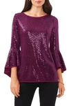 Vince Camuto Sequin Bell Sleeve Top In Arresting Plum