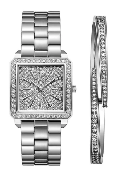 Jbw Cristal Diamond & Swarovski Crystal Stainless Steel Bracelet Watch & Bangle Set, 28mm In Silver