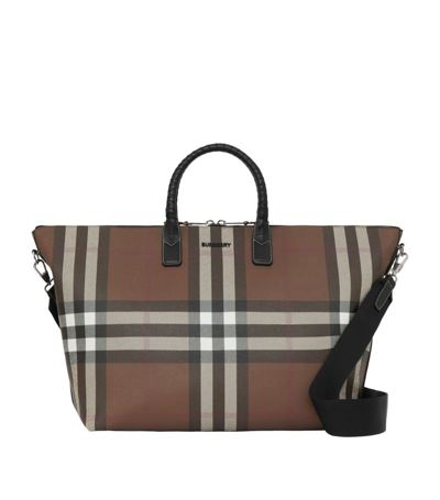 Burberry Check-print Leather Holdall Tote In Dark Birch Brown