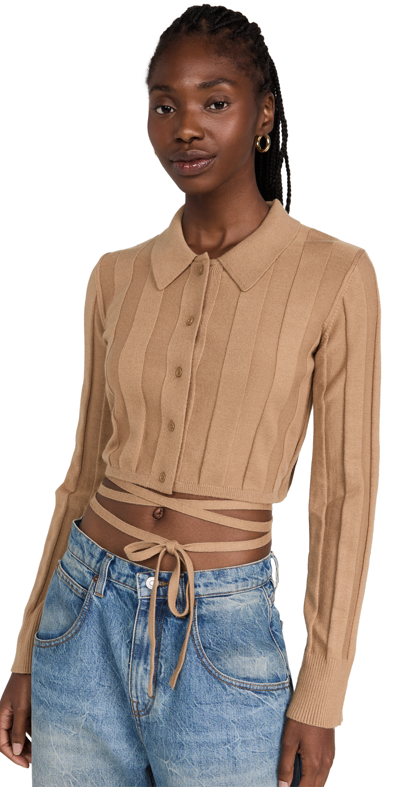 Something Navy Waist Tie Button Up Sweater In Tan