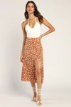 LULUS GETTING GLAM PEACH PRINT SLIT MIDI SKIRT