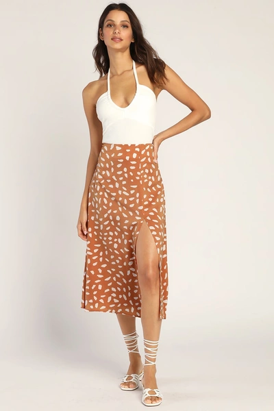 Lulus Getting Glam Peach Print Slit Midi Skirt