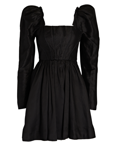 Aje Fleur Puff-sleeve Linen-blend Mini Dress In Black