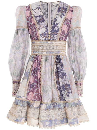 Zimmermann Celestial Printed Linen And Silk Minidress In Lilac