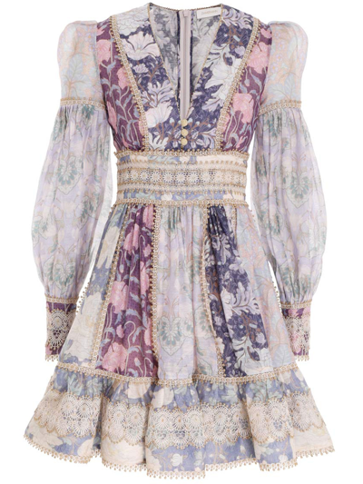 Zimmermann Celestial Crochet-trimmed Floral-print Linen And Silk-blend Voile Mini Dress In Spliced Lavender Floral