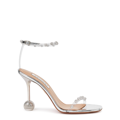 Aquazzura Secrets Crystal-embellished Mirrored-leather And Pvc Heeled Sandals In Silver