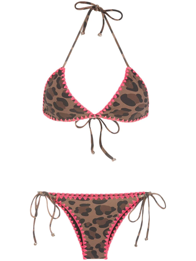 Brigitte Animal-print Crochet-trim Bikini Set In Brown