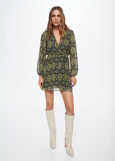 Mango Baroque Print Dress Green