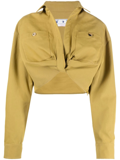 Off-white Twist Crop Cotton Blend Cargo Shirt In Green