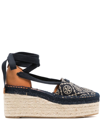 Tory Burch Monogram-print Wedge Espadrilles In Schwarz